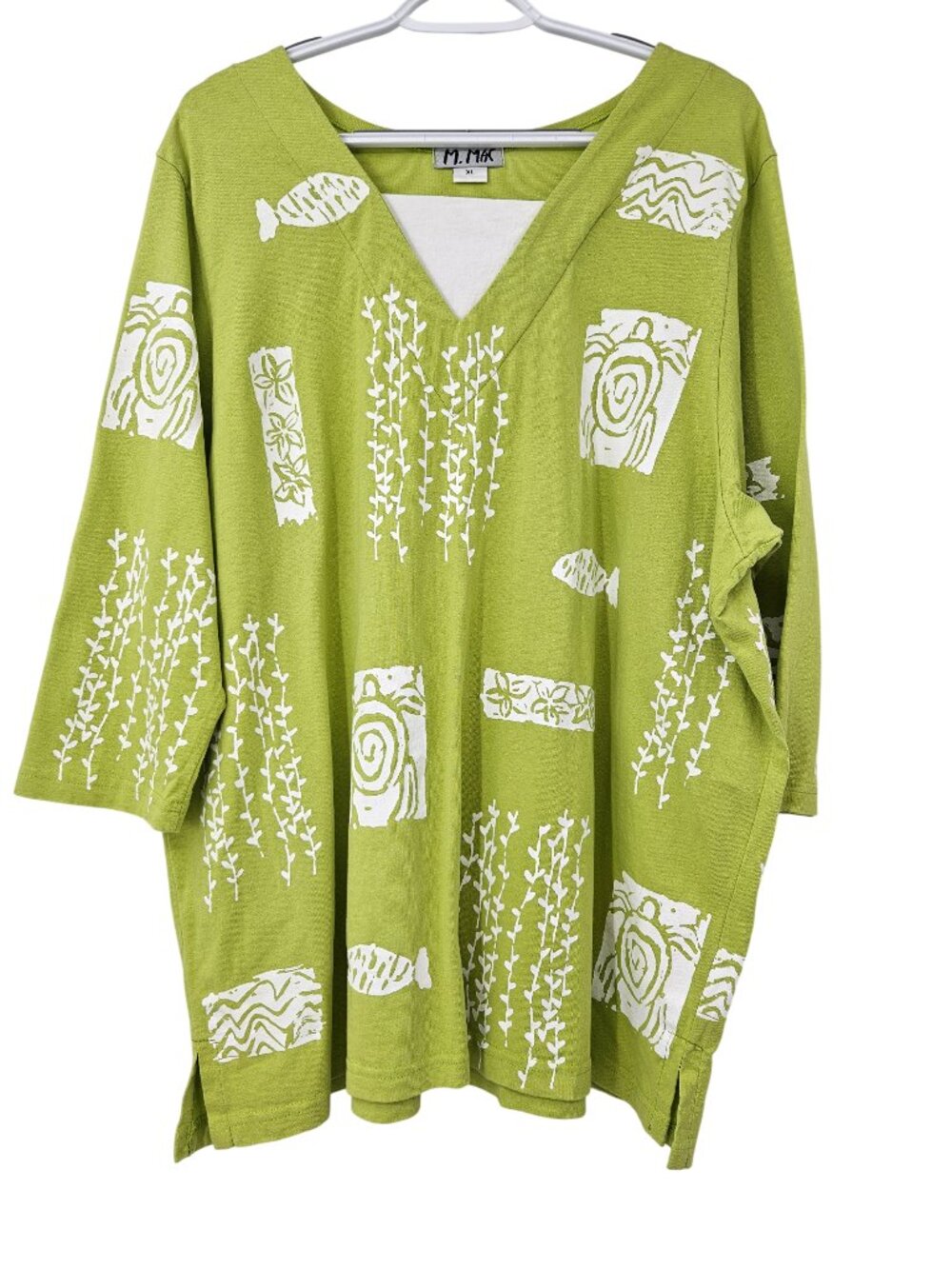 M. MAC Cotton Fossil Knit Tunic Top Green Women's Size XL Boxy Lagenlook Artsy